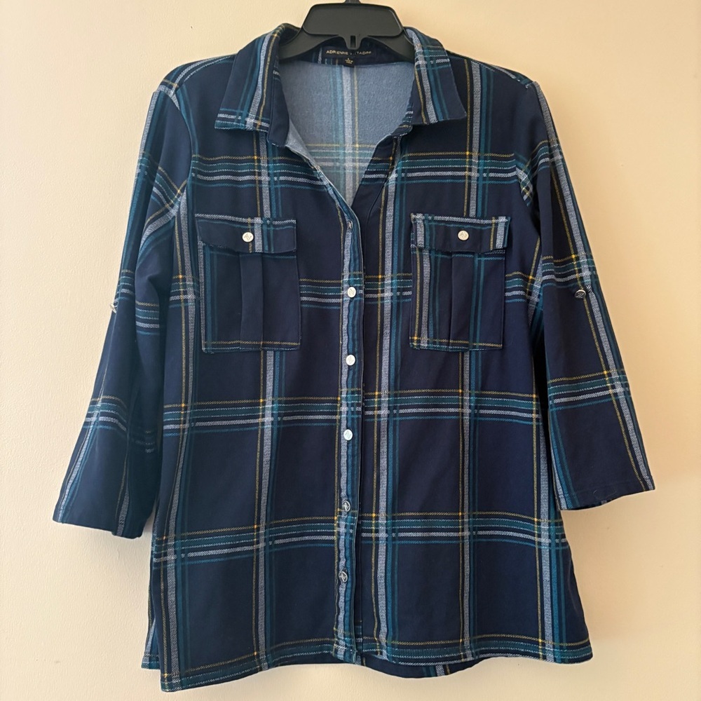 Adrienne Vittadini Navy Plaid Roll Tab Button Down Tunic Shirt L